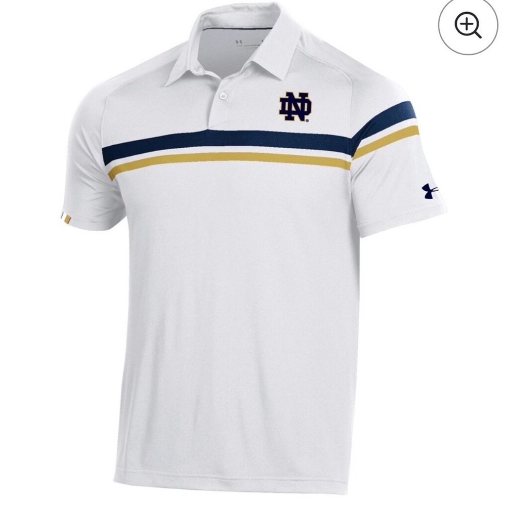 Notre Dame Under Armour Men's Polo Shirt - White with Navy and Gold Stripes